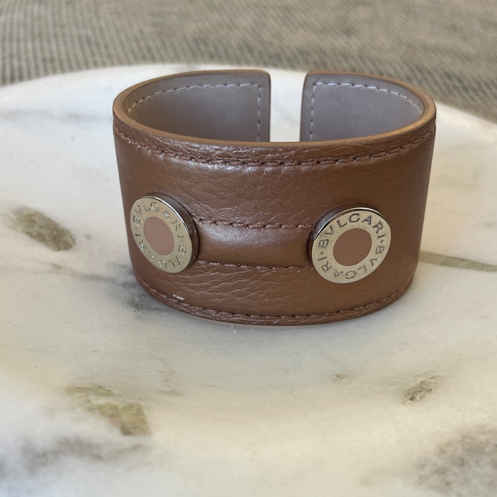BVLGARI Brown Leather Logo Cuff Bracelet Gold & Silver Tone Size M Italy Luxury